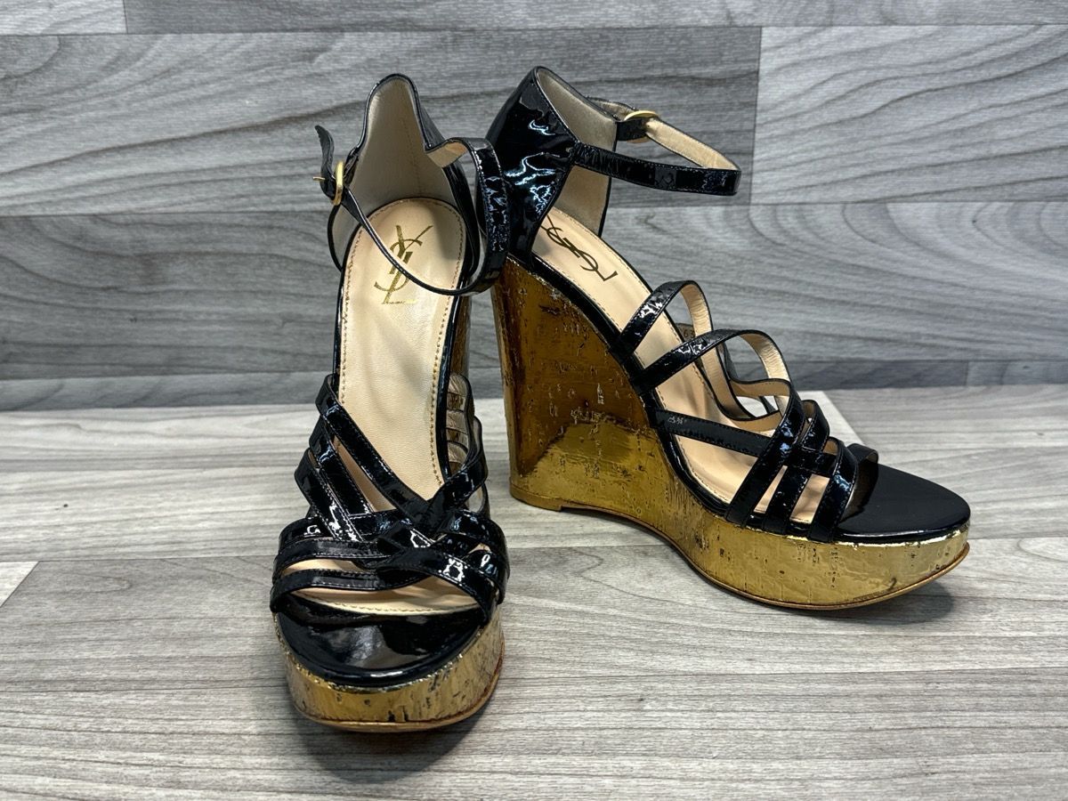 Yves Saint Laurent Black Patent Leather Gold Wedges (A1D014445)