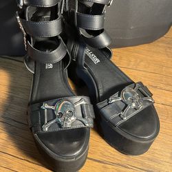 USED - LIKE NEW Killstar Black platform sandals with skull buckles