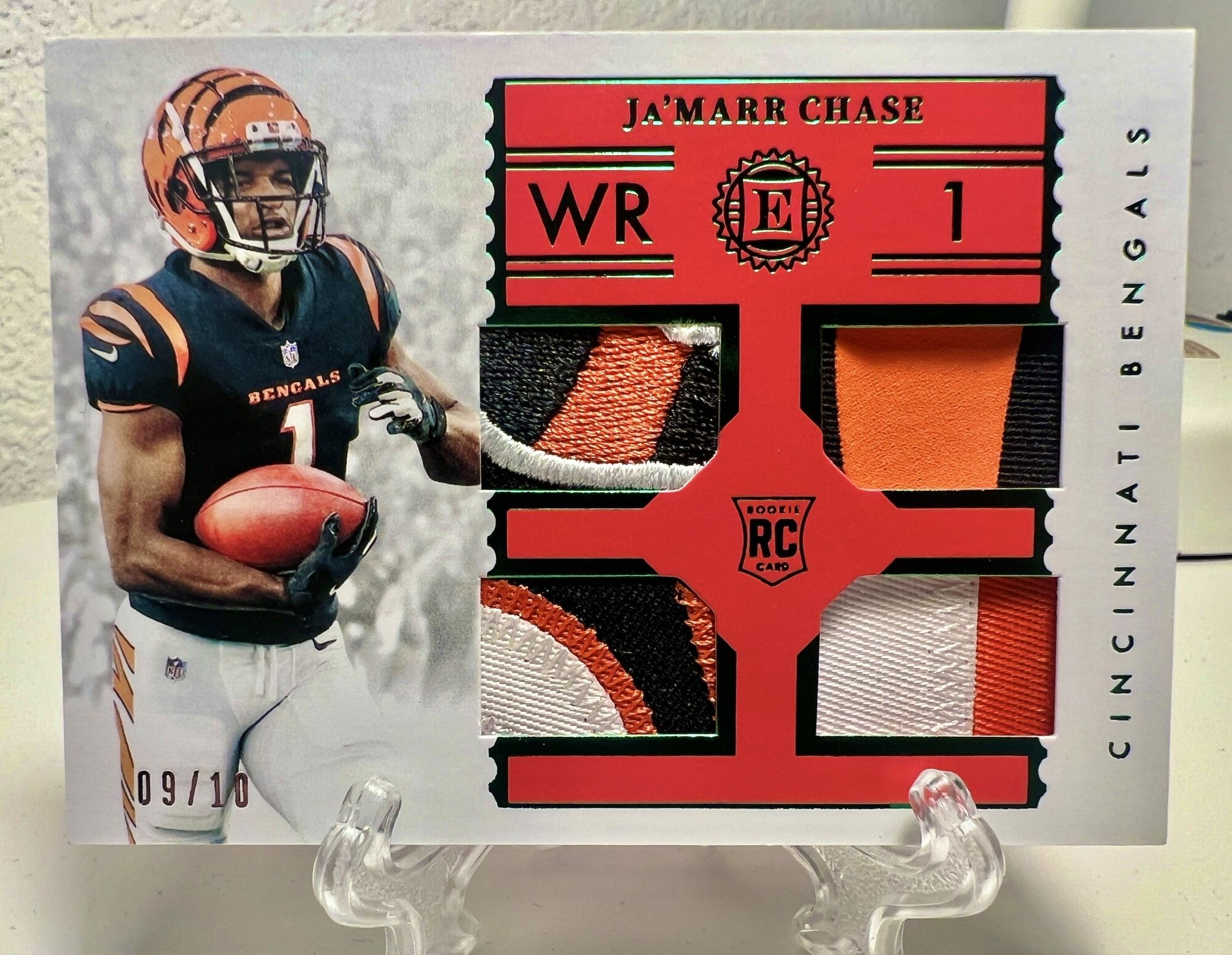 Ja’marr Chase 2021 Rookie Encased Quad Jersey Patch Gold #/10 + 2 Cards