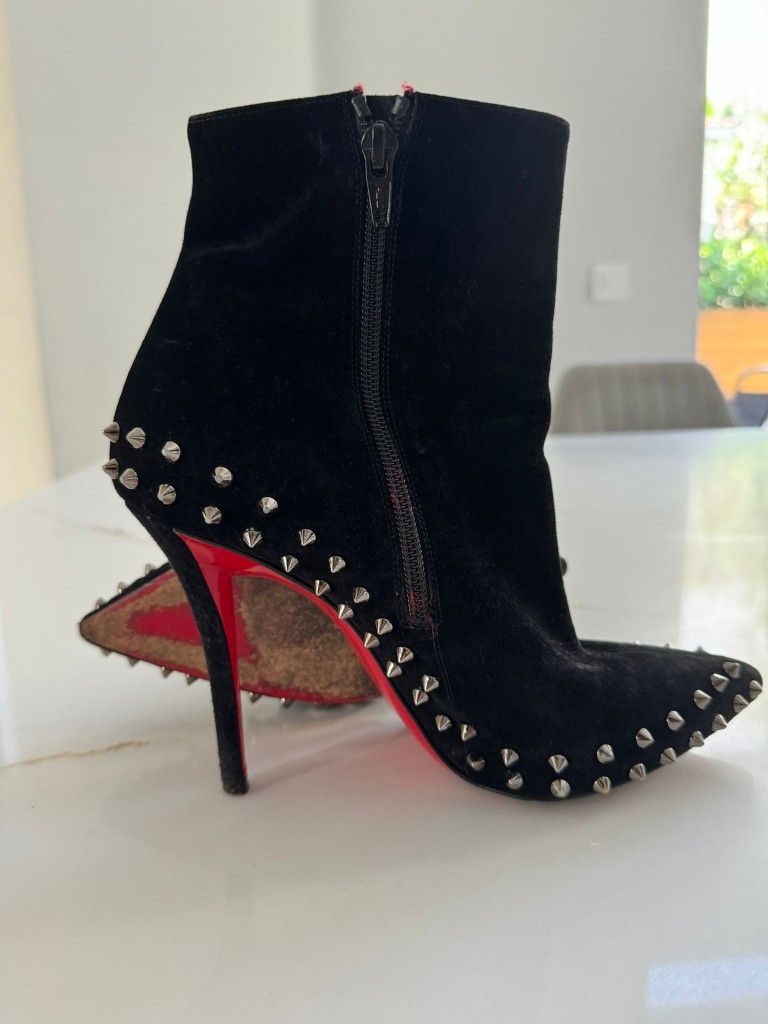 Christian Louboutin Black Boots Willetta Spiked Bootie Silver Spike Studded