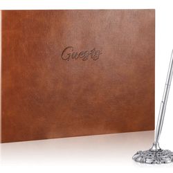 Geyee Leather Guest Book and Pen Stand Set, 10.5" x 8" Embossed Guests Sign in Book Registry Book for Funeral, Wedding Reception, Vacation Homes and E