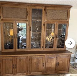 Large Oak Wood Hutch Cabinet With leaded Glass