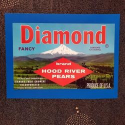 Vintage Diamond Hood River Pear Crate Label Lithograph Retro Kitsch Art