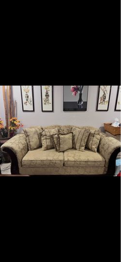 Traditional Damask Sofa with Throw Pillows