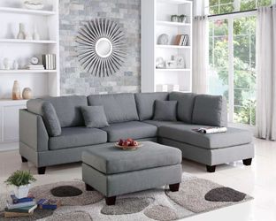 Brand New Grey 3pc Reversible Sectional Sofa Set W/ Ottoman