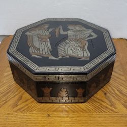 A Collectible Vintage Handcrafted Gold & Silver  Hand-Painted Lacquered Wood Marquetry Octagonal Jewelry Box