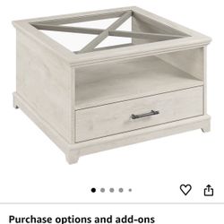 Bush Furniture Lennox Farmhouse Glass Coffee Table with Storage in Linen White Oak | Living Room