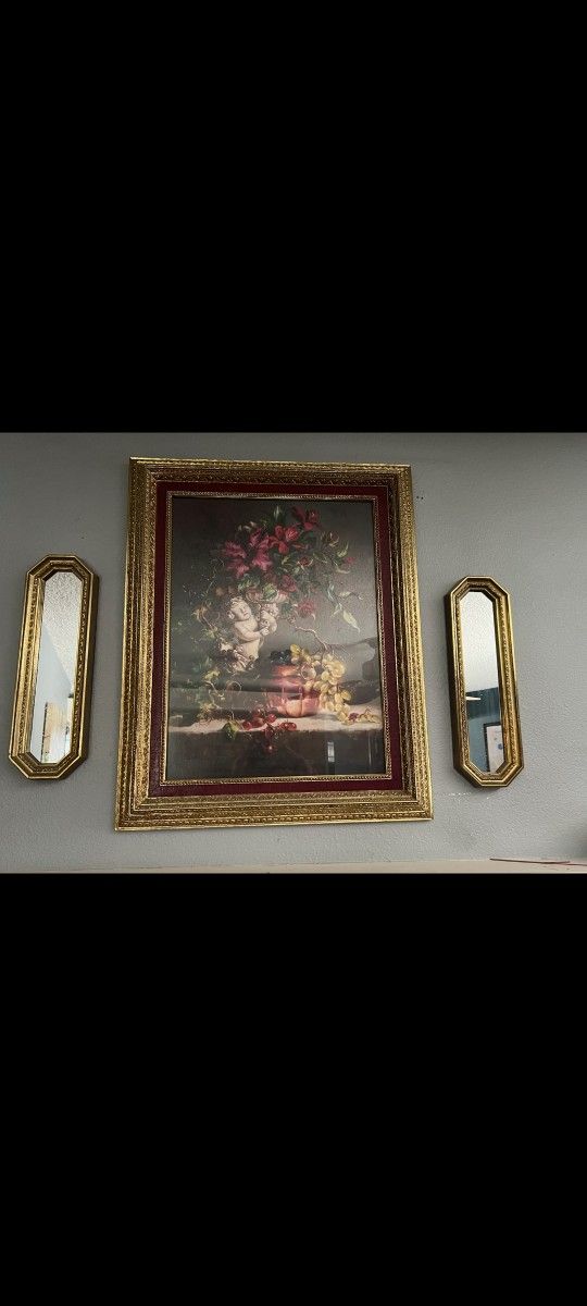 Vintage Home Interior Cherub With Florals-Grapes-Angel Gold Framed 24 x 30