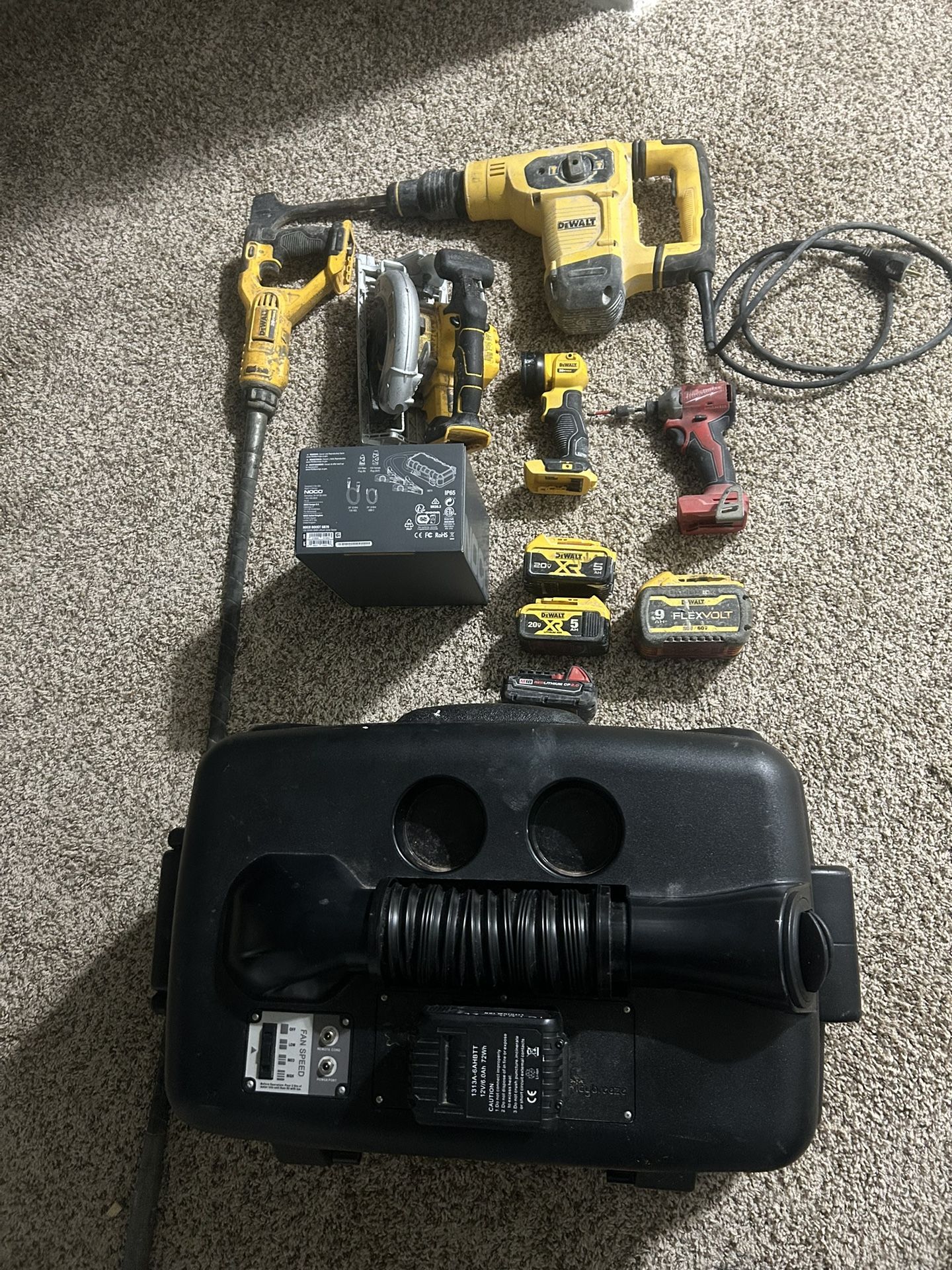 Dewalt And Milwaukee Tools With Industrial Cooler