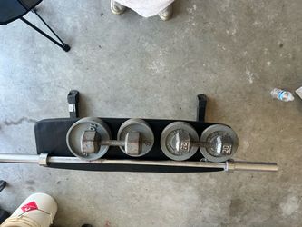 Cast Iron Dumbbells, Barbell, bench, and plates