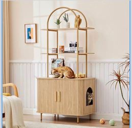 Cat Litter Box Enclosure with Shelves, 62" Natural Wooden Sliding Door Hidden Litter Box Cabinet, Mo