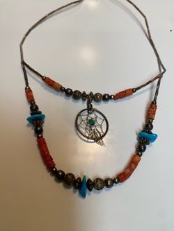 Silver, Turquoise and Coral Dreamcatcher Necklace