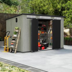 6x11FT Outdoor Resin Storage Shed with Transparent Windows & Louvered Vents, Plastic Tool Shed with Double Lockable Doors & Sloping Roof, Outside Gard