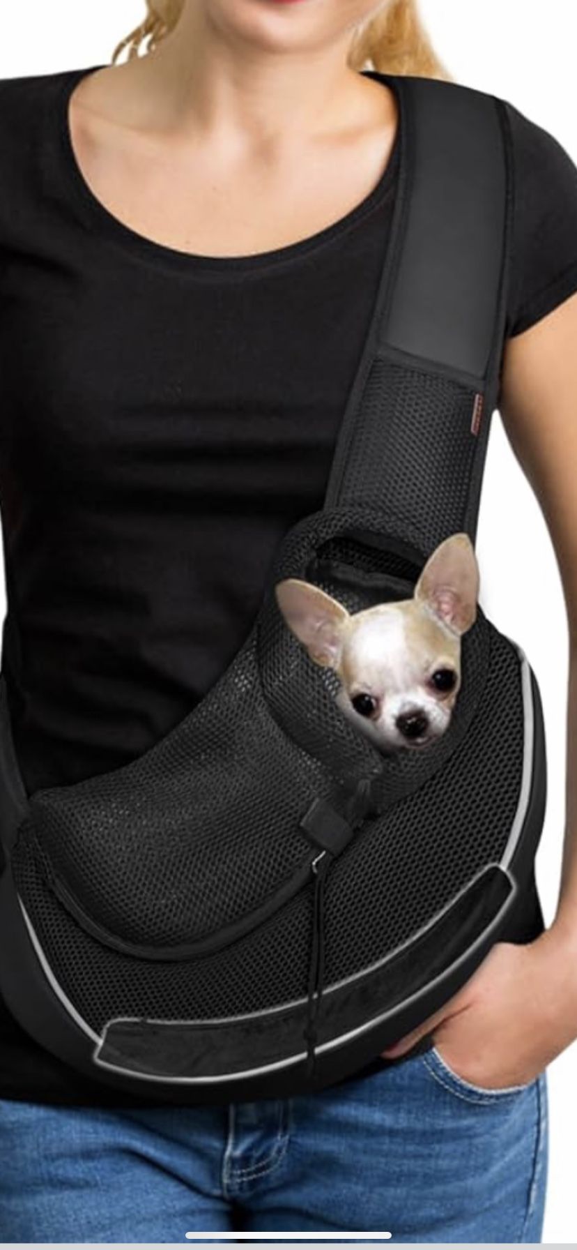 Pet Sling Carrier for Small Dogs & Cats – Hands-Free Puppy Carrier with Safety Hook, Large Zipper Pocket, Soft Breathable Mesh, Adjustable Strap & Ref