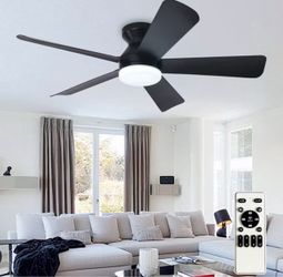 42-Inch Low Profile Ceiling Fan with Light - Dimmable LED, 6-Speed and 3 CCT, Quiet DC Motor, Remote Control, 5 Black Blades for Indoor/Outdoor 27L