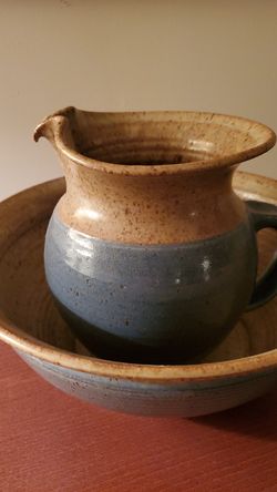 Handmade pottery, pitcher and bowl