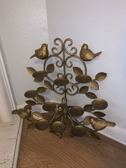 Vintage Candle Stand Wall Sconce Gold 10 candle Pilar Tree Birds Metal