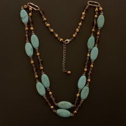 24” Turquoise And Gold Crystal Beaded Multi Strand Necklace 