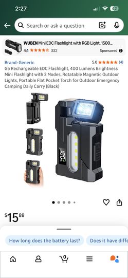 G5 Rechargeable EDC Flashlight, 400 Lumens Brightness Mini Flashlight with 3 Modes, Rotatable Magnetic Outdoor Lights, Portable Flat Pocket Torch for 