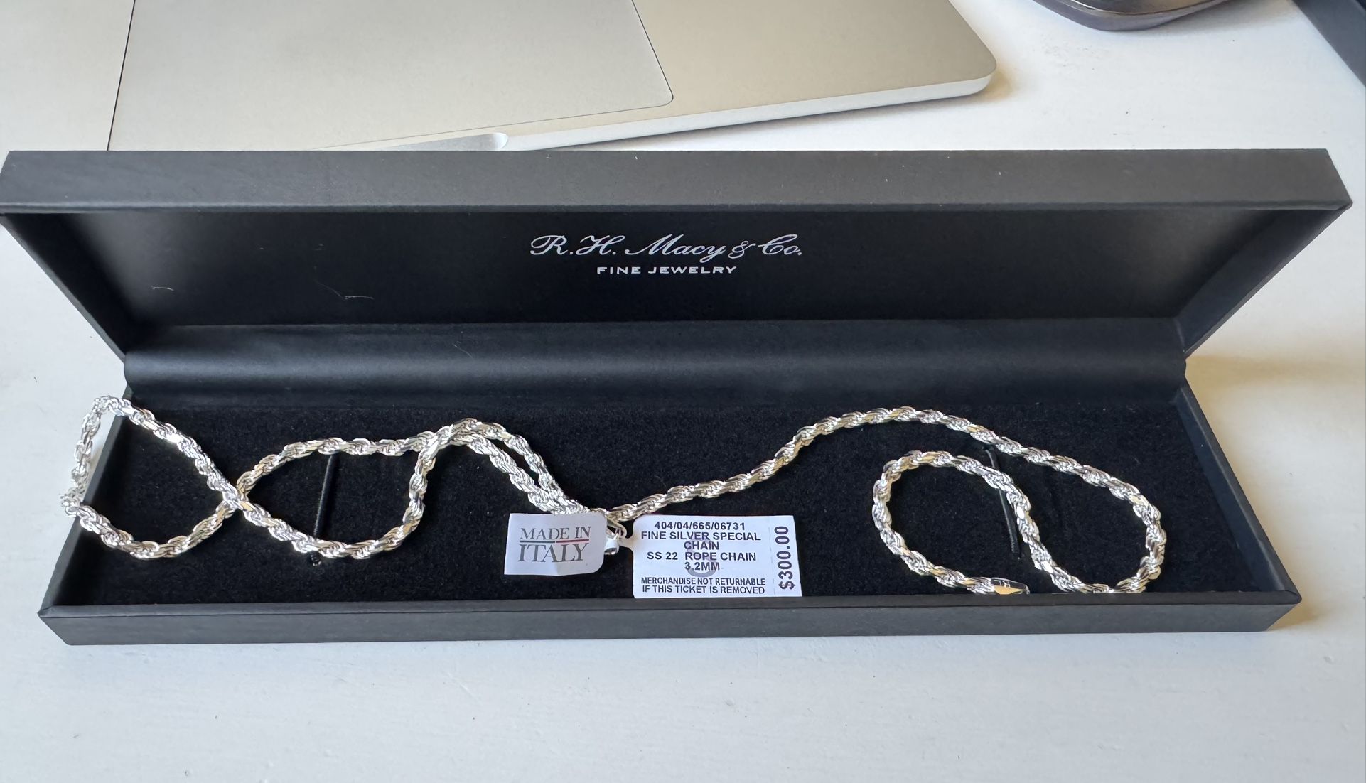 Sterling Silver Brand New In The Box 22” Rope Chain 3.2mm Authentic Italian Silver Necklace Diamond Cut