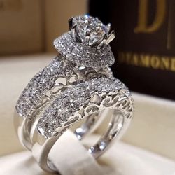 Elegant 2 Pc Silver Wedding Ring Size 7-10 