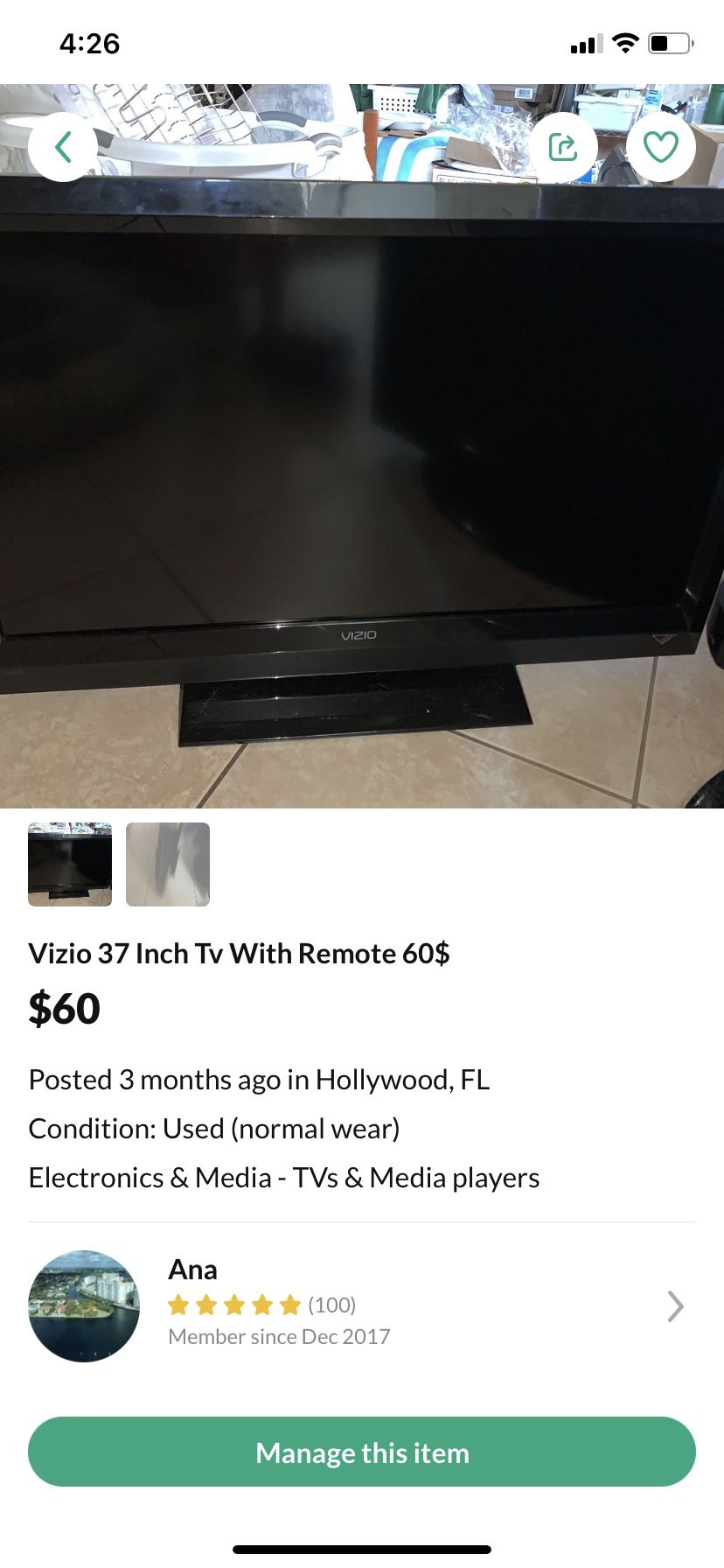 Vizio 37 Inch Tv With Remote 60$