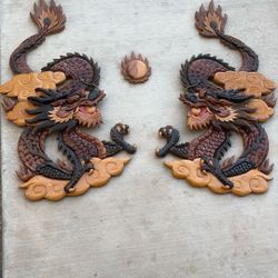 Dragons Wall Hanging Wood Carved 3 Piece