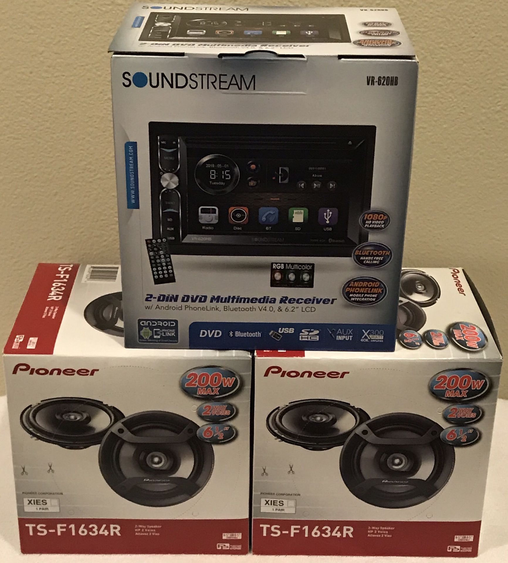 New SOUNDSTREAM 6.2” inch LCD Double Din Touch Screen Monitor w/ BLUETOOTH/DVD/CD/USB/MP3 Car Audio Stereo + (4) Pioneer 6.5” Speakers Combo 🔊🔥