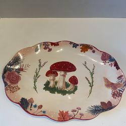 Woodland mushroom ceramic platter / decor. Floral accents. Cottage/ Country/farmhouse. Retro.