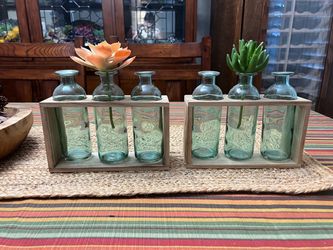Set of 2 Jo-Ann Wooden Bud Vase Holders – 6 Glass Vases