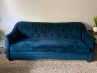 Teal Velvet Tufted Sofa with Nailhead Trim