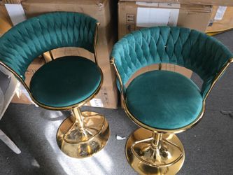 Green Velvet Bar Stools with Gold Base – Set of 2