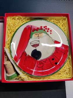 Vietri Italian Old St. Nick  Christmas canape plate with a matching wine cork