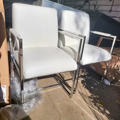 Set of 2 Modern Mid-Century White Dining Chairs, Leather Upholstered Dining Chairs with Chrome Metal Legs for Kitchen, Dining Room, Living Room