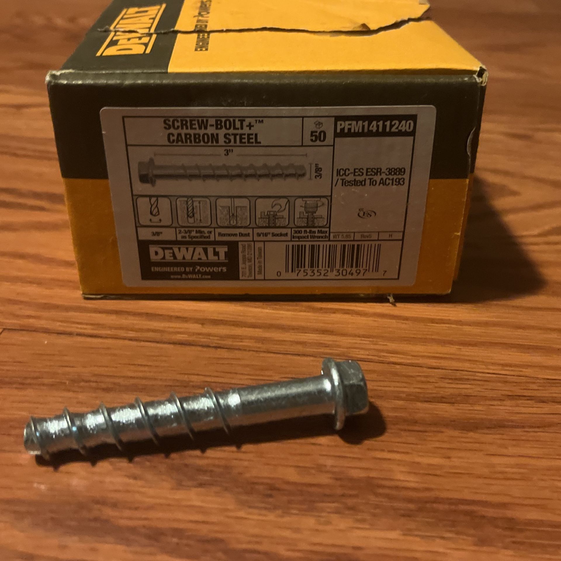 3/8 x 3” Dewalt screw down bolts anchors $15 a box or best offer. I have 30 boxes.