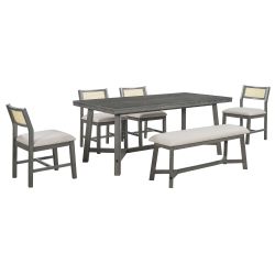 TREXM 6-piece Retro Farmhouse Style Dining Set, Rectangular Table and 4 Upholstered Chairs with Rattan and Bench for Dining Room and Kitchen (Gray)