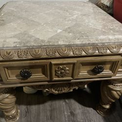 Marble  set Of Three “ Top Carved Coffee Table, "Ornate Entryway Console Table, "Carved Console Table