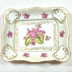 1940's Trinket, whatnot dish scalloped edges, violets hand painted made in JAPAN