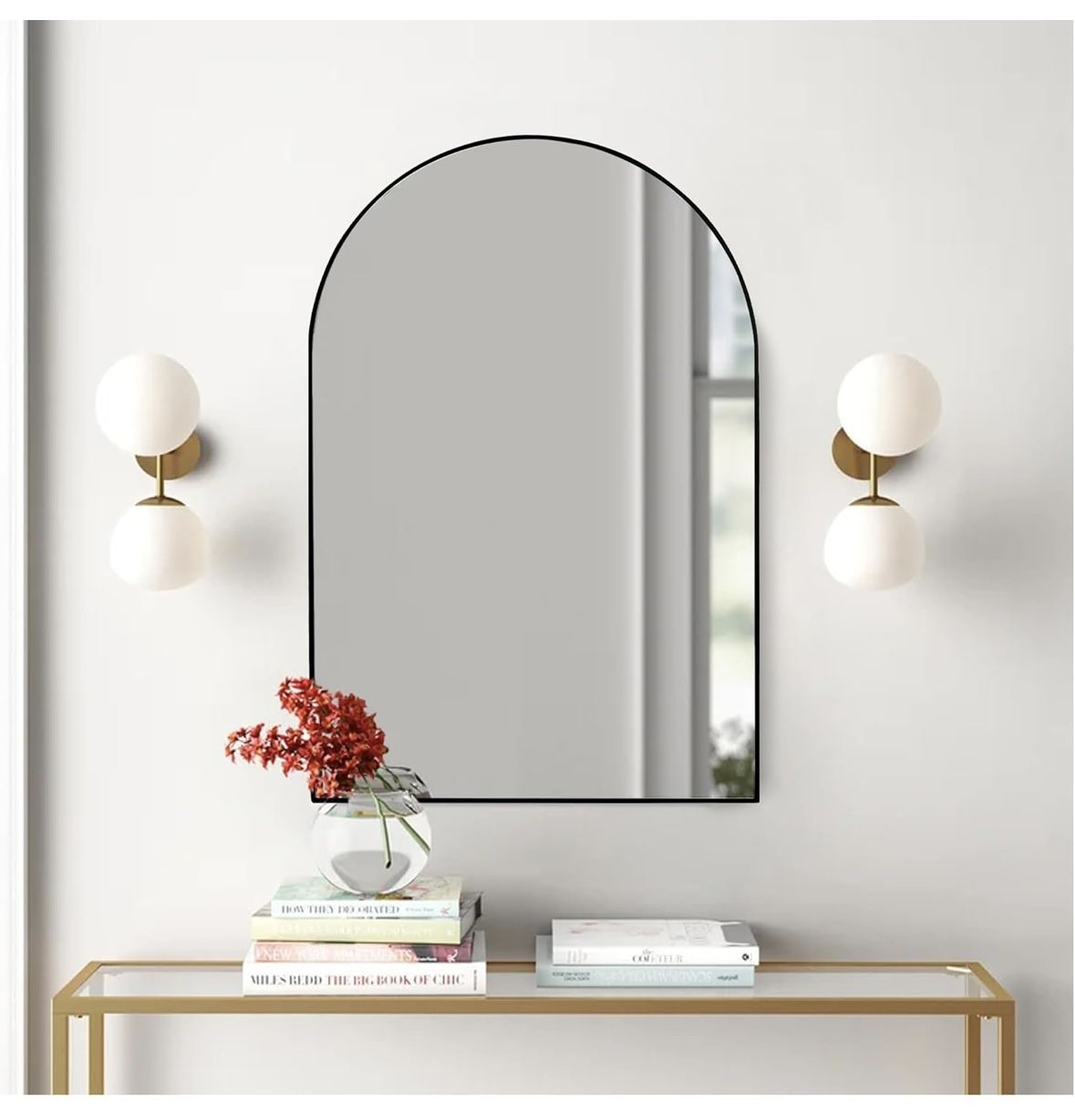 Arched Black Wall Mirror,24 x 36 Inch with Wood Frame, Vanity Modern Tempered Glass Mirror Black New