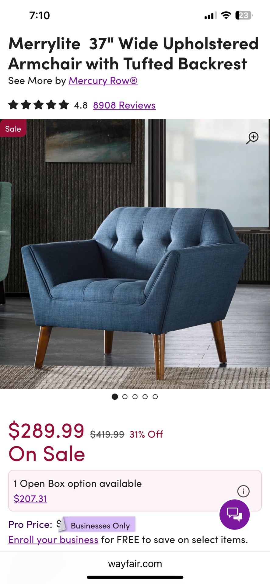 Blue Tweed Wide Armchair With Tufted Back