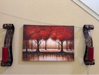 Large decorative canvas with 2 wall candle sconces