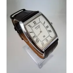 Men's Vintage Seiko Barrel Tonneau Leather Black & Silver Tank RARE