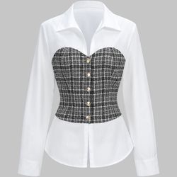 Tweed Plaid Print Patchwork Button Long-sleeve Top Black