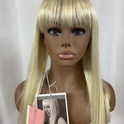 Average Size Synthetic 18” Straight And Edgy Ultra Blonde Wig With Bangs On A Lace Cap