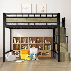 P141 $150  Twin Loft Bed with Stairs & Guardrail, Space-Saving Loft Beds for Family, Heavy Duty Sturdy Metal Bed Frame, No Box Spring Needed, Black  S
