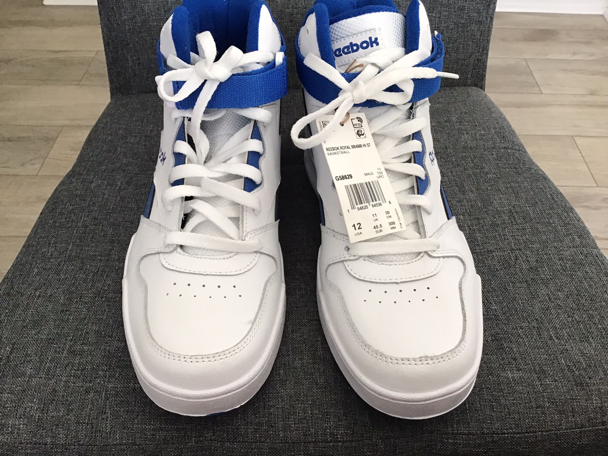 NEW~Authentic~Reebok Royal Bb4500~HiStrap White Vector Blue/White Sneakers/ Shoes~G58629~Size 12
