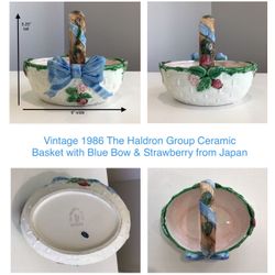 Vintage 1986 The Haldron Group Ceramic Basket with Blue Bow & Strawberry from Japan 