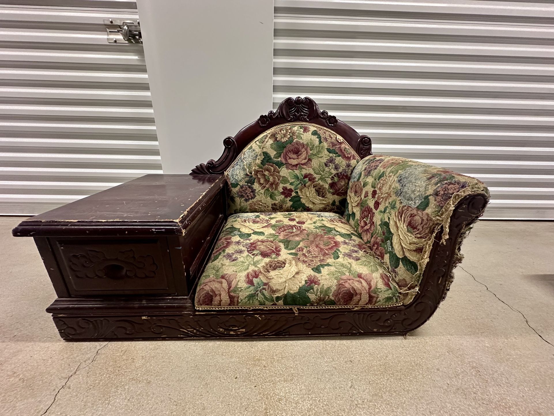 1920’s Rare Model Victorian Style Floral Gossip Bench with Drawer