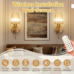 Battery Operated Wall Sconces Set of 2 – 5200mAh Rechargeable Gold Crystal Glass, 15 Colors & 10-Level Dimmable, Wireless Wall Lights for Living Room 