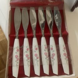 Vintage Mid Century Modern Floral Knife Set Kitchen Decor 